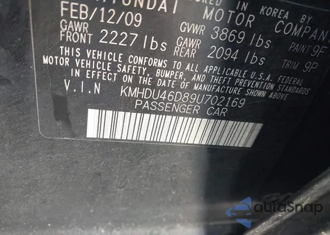 2009 Hyundai Elantra Se z USA, uszkodzony, nr VIN KMHDU46D89U702169